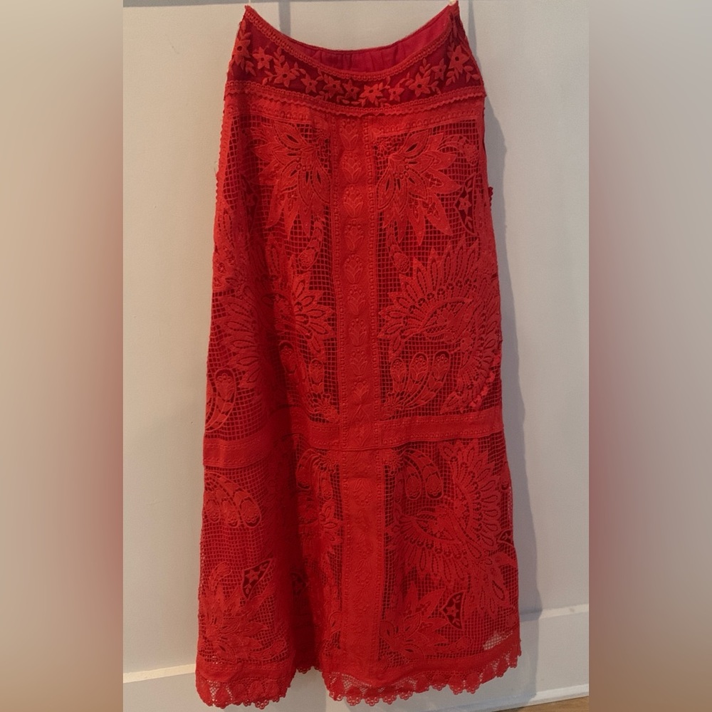 Farm Rio red toucan guipure lace midi skirt